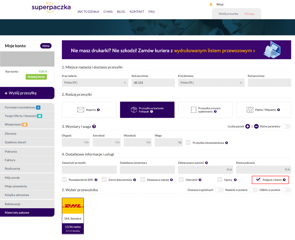 podjazd z listem DHL